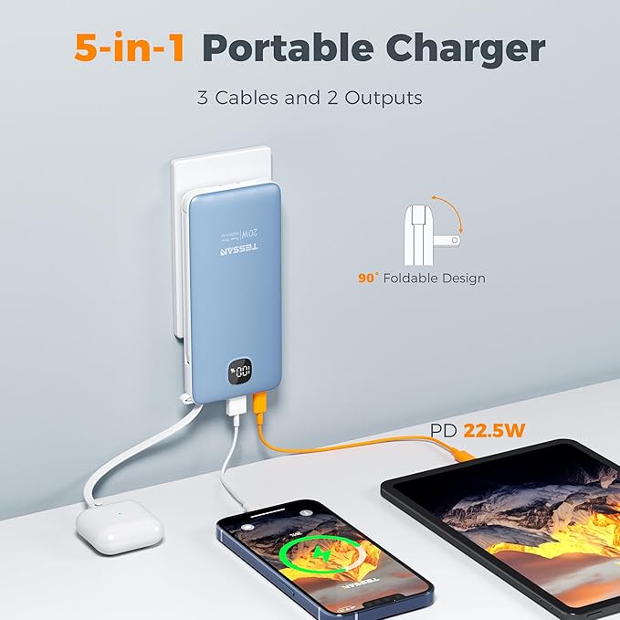 TESSAN Portable Charger with Built in Cables, 10000mAh Power Bank Fast Charging with Foldable AC Plug, PD20W Compact Battery Pack Travel Essentials for iPhone 17/16 Series, Samsung, Tablets, Blue