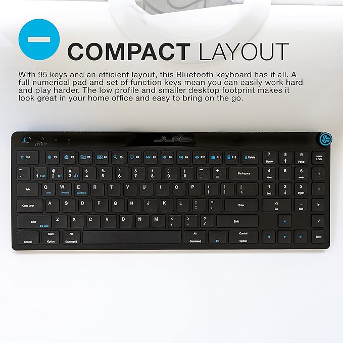 JLab JBuds Wireless Keyboard, Black, 95 Keys, Connect Via Bluetooth or USB Wireless Dongle, Multi-Device Toggle, Soft Touch Keys, Smart Media Knob, Custom User Profiles, Rechargeable (1 Pack)