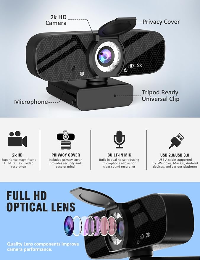 Tewiky Full HD Webcam with Built-in Microphone and Rotatable Tripod, 2K Video and Wide Angle Camera, Privacy Cover, for Desktop PC or Laptop Computer
