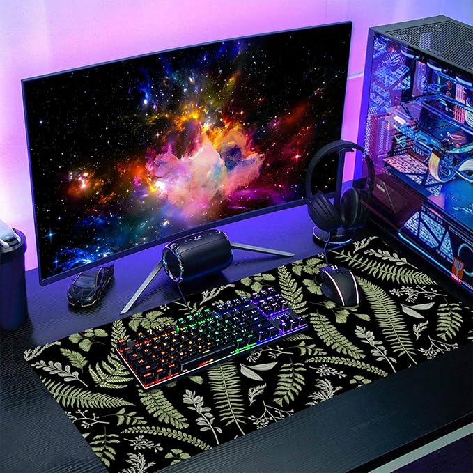 Black Green Plant Flowers Mouse Pad XXL Tropical Fern Botanical Leaves Extended Desk Mat 90X40cm Non-Slip Rubber Base Stitched Edge Large Mousepad for Gaming Laptop Computer Desktop 35.4×15.7 Inch