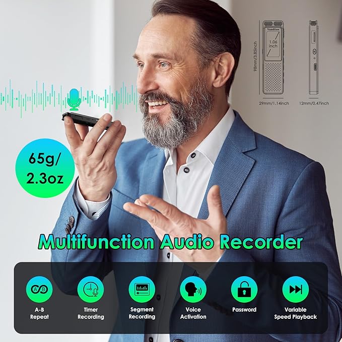 Voice Activated Recorder with Playback (100Hrs Recording Time), Vandlion 1536Kbps HD Digital Recording Device with Noise Reduction, Password for Lectures Meetings Interviews Classes