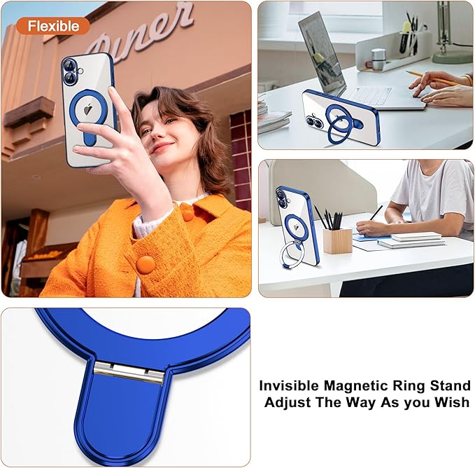 Compatible with iPhone 17 Case with Invisible Magnetic Ring Stand [Compatible with Mag-Safe] [Full Camera Lens Protector] Plating Clear Phone Case for iPhone 17 6.3", Blue