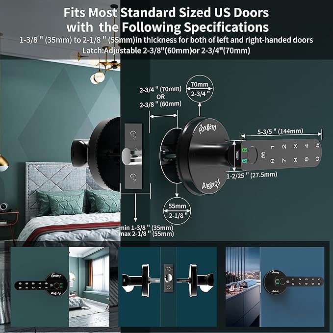 Foxgard Smart Fingerprint Door Lock, Biometric Door Lock, Electronic Door Knob with Keypad,Smart Door Knob with 100 Fingerprints, 50 Codes for Home,Bedroom, Office(Round)