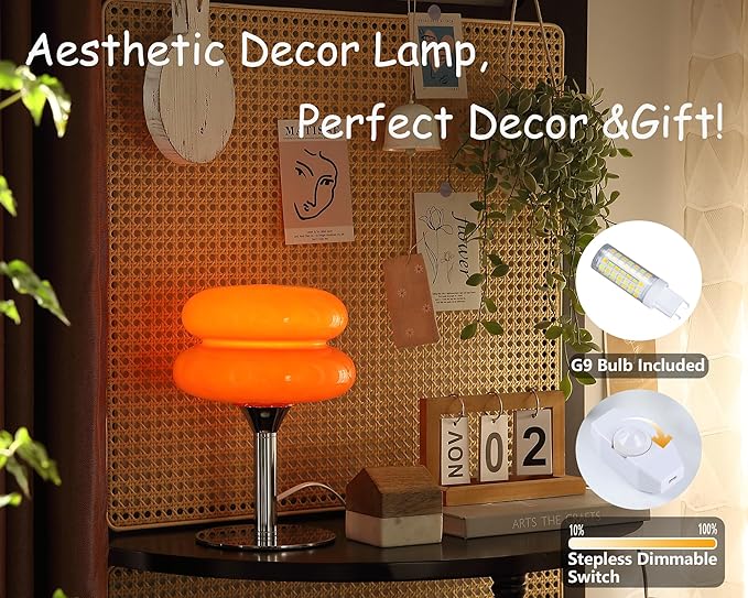 Glivpny Mushroom Lamp Table Lamp for Night Stands,Mid Century Modern Desk Lamps for Bedroom, Vintage Dimmable Bedside Small Cute Lamps, Cool Aesthetic House Warming Gifts New Home Decor (Orange)