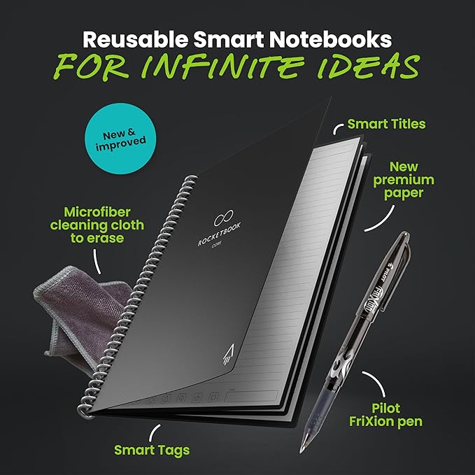 Rocketbook Core Reusable Smart Notebook, Lined Pages For School, Work and Creative Projects, Executive Size 6x8.8, Black - Premium