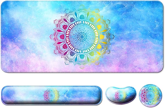 Keyboard Wrist Rest + Mouse Pad with Wrist Support + Desk Mat + Coaster 4 in 1 Set, XXL Large Gaming Mousepad Cute Ergonomic Mouse Pads for Desk Computer Laptop Office Decor-Star Mandala