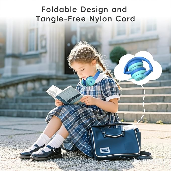 Candy Bila Kids Headphones, Wired Headphones for Kids with Microphone, 85/94dB Volume Limiter Headphone for Girls Boys, Foldable Headphone for Online Study, Gradient Blue