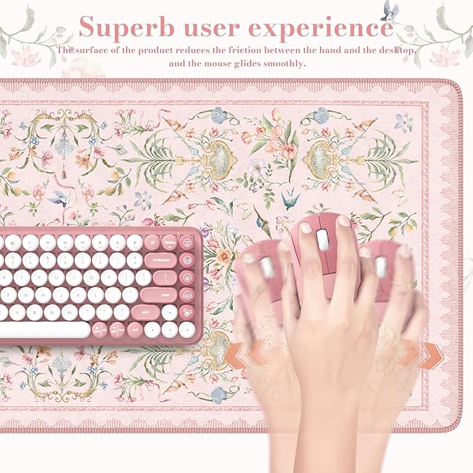 iCasso Pink Desk Cover Mat,Big Mouse Pad for Laptop,Aesthetic Computer Pad with Stitched Edges,Non Slip Keyboard Mat for Desktop,Cute Floral Desk Protector for Office Home Dorm