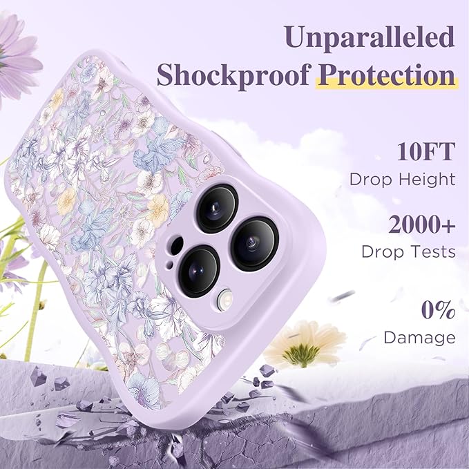 GVIEWIN for iPhone 15 Pro Max Case Compatible with MagSafe [Curly Wave Edge][Full Camera Protection]Floral Translucent Shockproof Magnetic Women Phone Case for 15 Pro Max 6.7'', Apricot Blossom/Purple
