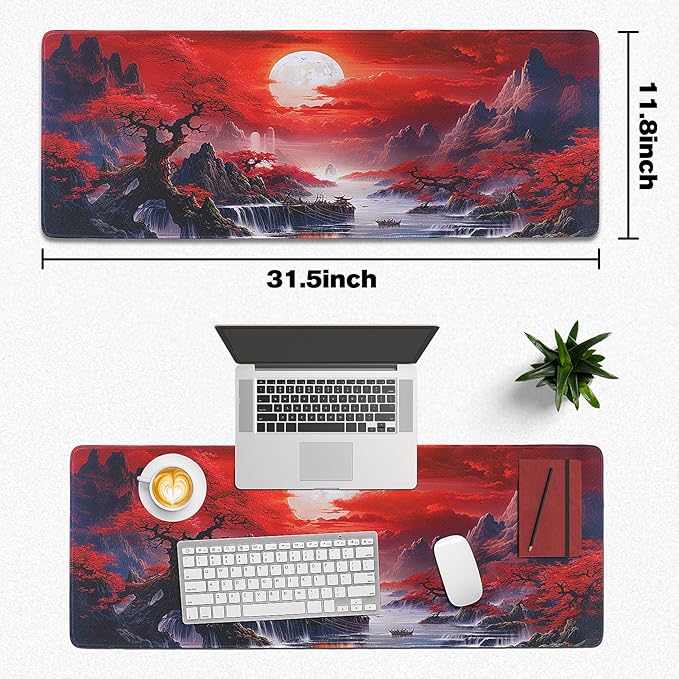 Mouse Pad Gaming - Desk Mat for Keyboard and Mouse - Japanese Red Cherry Blossoms Large Mouse Pads for Desk, Anime Gaming Mousepad (31.5" X 11.8") with Non-Slip Base for Game, Office and Home