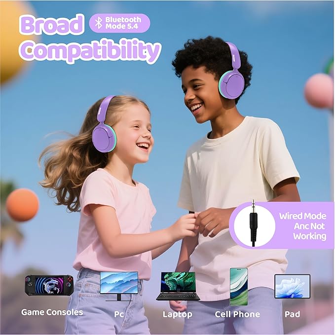 MIDOLA Kids Bluetooth Headphones Active Noise Cancelling,68H Play Time,Lightweight Wireless Foldable Over-Ear Headphone for Kid Toddler,Volume Limited 85/94dB,Headsets with Built-in Mic Purple