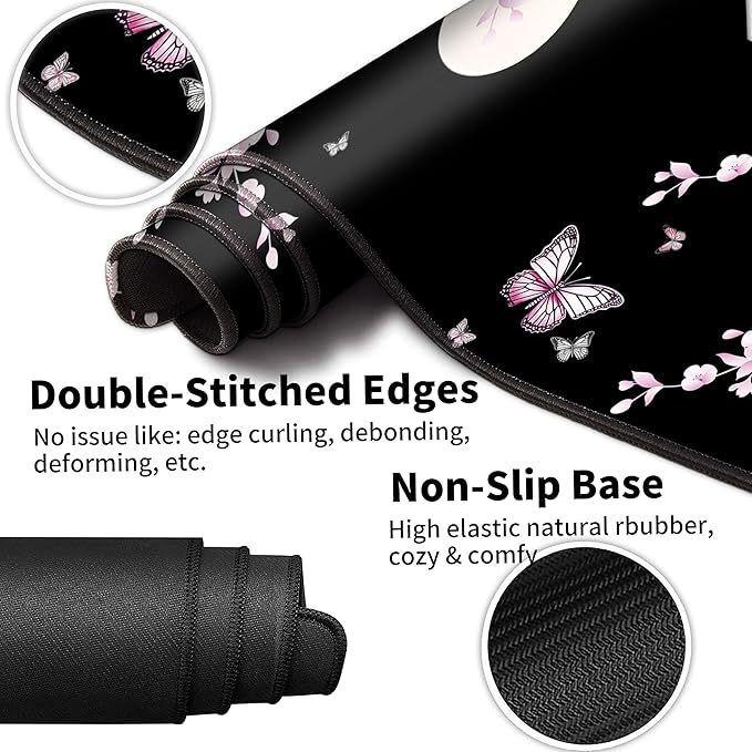 Large Gaming Mouse Pad Set 35.4 x 15.7 with Keyboard Wrist Rest, Wrist Support, and Coaster Memory Foam Smooth Desk Pad Mousepad for Home Office School - Cherry Blossom Moon