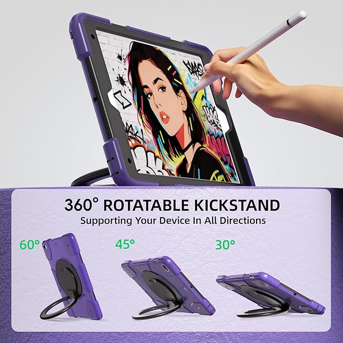Andnary Case for iPad 9th/8th/7th Generation 10.2 inch, Shockproof Cover with Screen Protector/360° Rotate Stand/Pencil Holder/Shoulder Strap, Kids Case for iPad 2021/2020/2019 (Deep Purple+Black)
