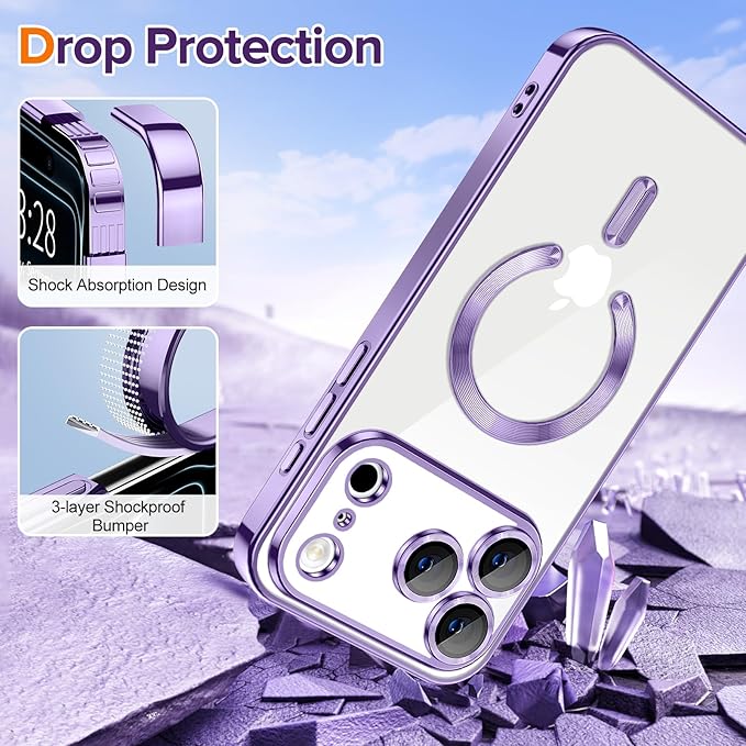 Hython Magnetic Clear for iPhone 17 Pro Max Case with Camera Lens Protector [Compatible with MagSafe] Plating Edge Slim Soft TPU Cover Protective Phone Case for iPhone 17 Pro Max 6.9", Light Purple