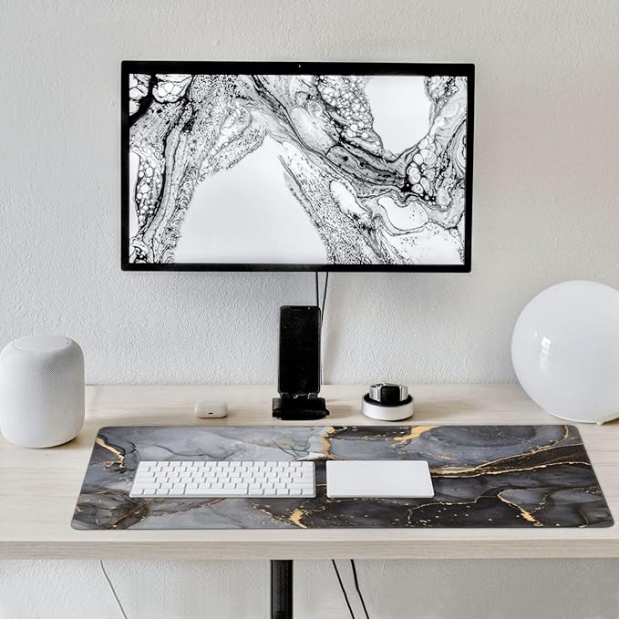 Marble Mouse Pads XXL Extended Mousepad with Stitched Edges Grey and Black Marbling Non-Slip Rubber Base Computer Keyboard Pad Desk Mat for Home Office Desk Decor, 35.4" X 15.7"