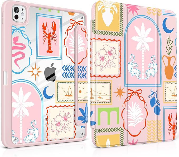 Case for iPad Pro 13 inch (M5) 2025 (M4) 2024 Release Slim Lightweight Cute Light Pink Cover with Clear Back TPU Edge Pencil Holder Trifold Stand, Creative Collage