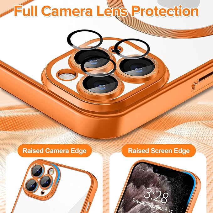 Hython Magnetic Clear for iPhone 11 Pro Max Case with Camera Lens Protector [Compatible with MagSafe] Plating Edge Slim Soft TPU Cover Protective Phone Case for iPhone 11 Pro Max 6.5", Matte Orange