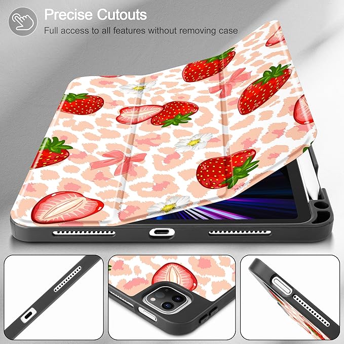 May Chen Case for iPad Pro 11 inch (4th, 3rd, 2nd & 1st Gen) 2022 2021 2020 2018,Trifold Stand with Auto Wake/Sleep Soft TPU Protective Stand Back Cover, Leopard Print Strawberry