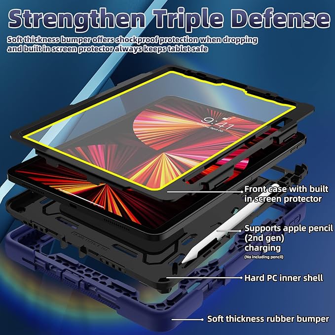 For iPad Air 5th 4th Generation 10.9 inch Case with Screen Protector [15ft Drop Protection] iPad Pro 11 Case 4th 3rd 2nd 1st Gen (2022 2021 2020 2018) for Kids W/ 360 Stand Hand/Shoulder Strap