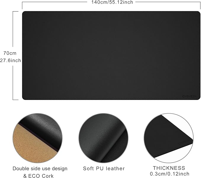 Chihein Cork & PU Leather Desk Mat 55” x 28” - Extra Large Mouse Pad, Double Sided Waterproof Desk Pad Protector for Executive Desk, Dining Table, Office Desk (Black)