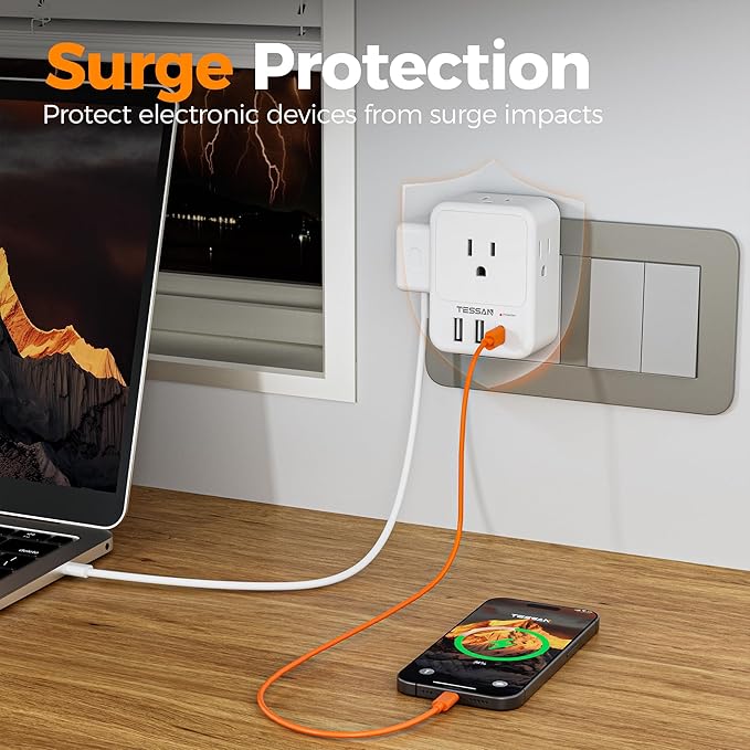 TESSAN Surge Protector Wall Outlet Extender, Multi Plug Outlet Splitter with 3 USB Charging Blocks(1 USB C), Multi Plug Wall Charger for Home, Office, School, College Dorm Essentials, White