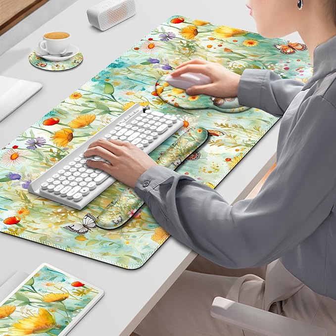 Gaming Mouse Pad, Large Desk Mat, Cute Desk Pad Protector, 4in1 XXL Mousepad + Keyboard Wrist Rest+Mouse Wrist Rest+Coaster Set with Ergonomic Desk Pad for Home Office PC Computer, Yellow Flowers