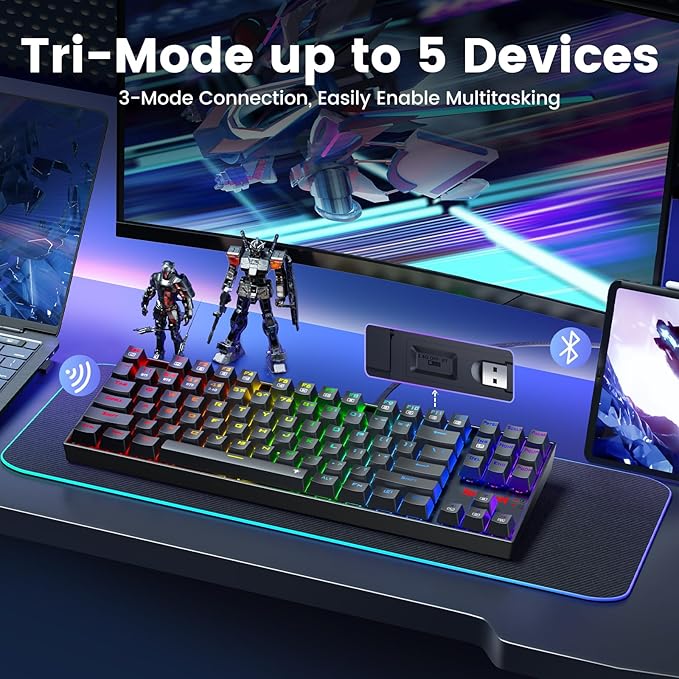 Redragon Wireless Gaming Keyboard, BT/2.4Ghz Tri-Mode Mechanical Keyboard, buit-in Battery, Programmable 87 Keys TKL, LED Rainbow Backlit - K552-KRS