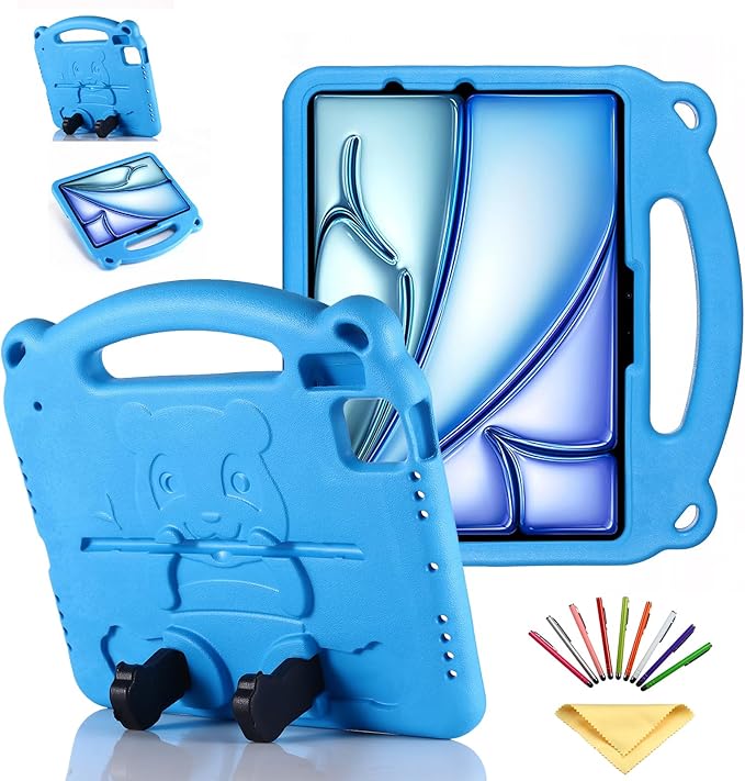 Kids Case for Apple iPad Pro 11 inch M5/M4 Tablet (2025/2024) with Handle/Kickstand Slim Lightweight Cute Soft EVA Foam Shockproof Folio Stand Protective Cover for Boy Girl Teens, Blue Panda
