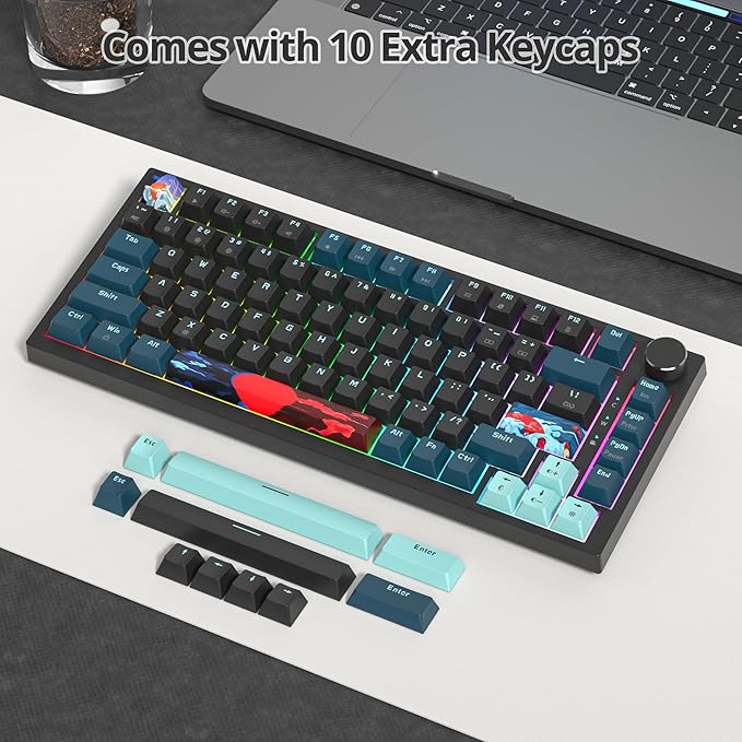 75% Mechanical Gaming Keyboard, Hot Swappable RGB Backlit Custom With Knob, Gasket Mount USB Wired, 82 Keys Black Blue Linear Red Switch (82 Black Blue)