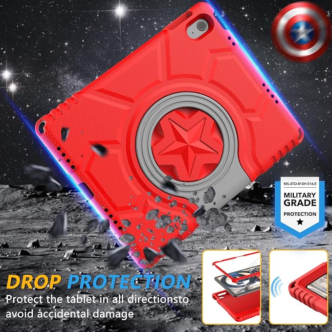 Kids Case for iPad 10th Generation 10.9-inch (2022) & iPad Air 11-inch M2 (2024) & iPad Pro 11-inch M4 (2024), Lightweight Shockproof Case Built-in Screen Protector with Handle Stand, Red