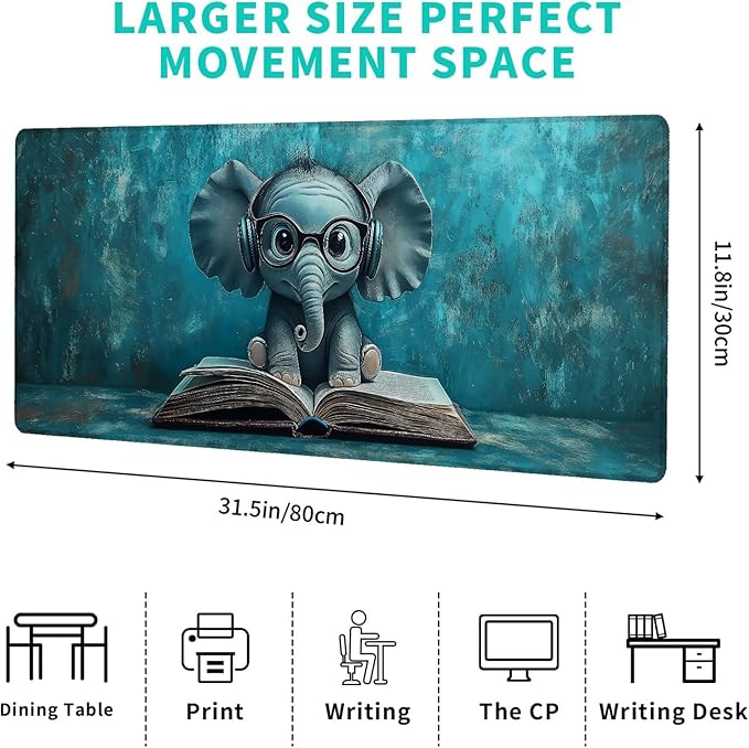 Cute Elephant Gaming Mouse Pad – 12x31.5in Large Extended Desk Mat with Reading a Book Design – Non-Slip Rubber Mousepad for Office Home – Deskmat Gifts for Library Lovers Decor