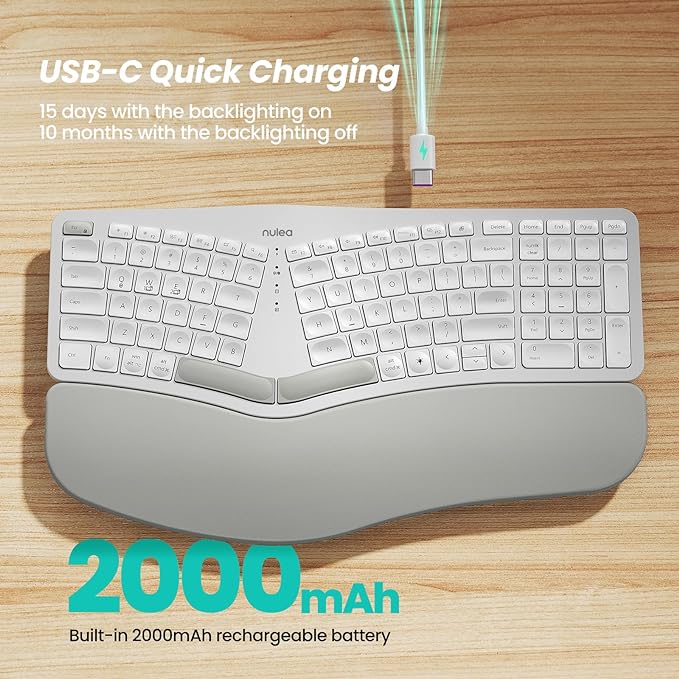 Nulea RT05 Wireless Ergonomic Keyboard, Split Keyboard with Wrist Rest, USB-C Charging, 7-Color Backlight, Natural Typing, Bluetooth and USB Connectivity, Compatible with Windows,Mac