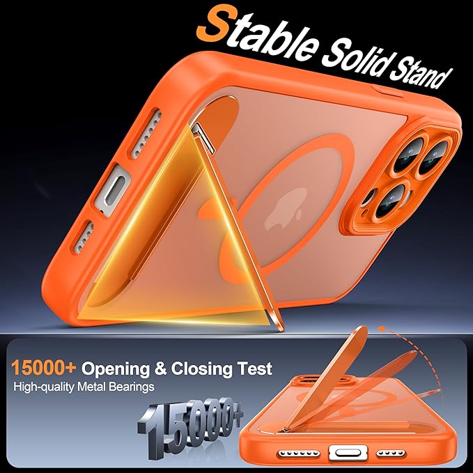 Magnetic Compatible with iPhone 15 Pro Max Case, [Built-in Kickstand][Full Camera Protection][Compatible with MagSafe][Anti-Fingerprint] Shockproof Phone Case for iPhone 15 Pro Max 6.7",Orange
