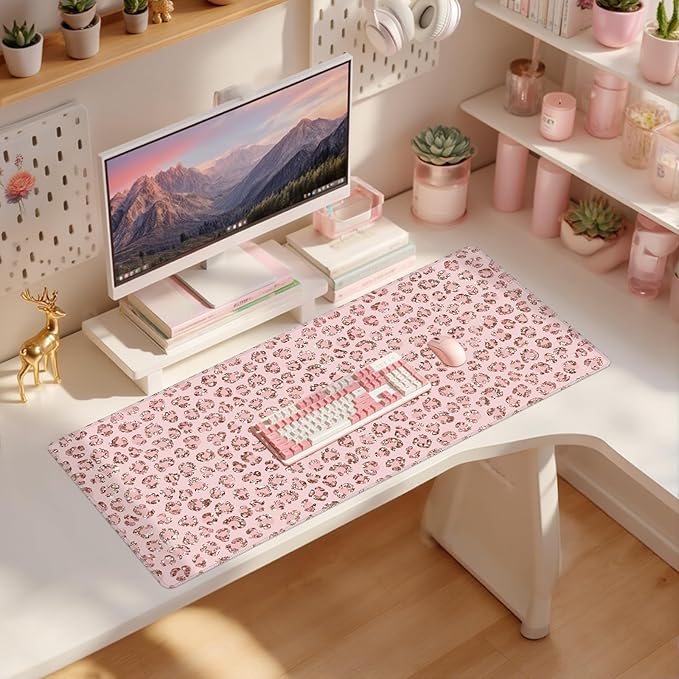 Baziabbo Pink Desk Mat,XXL Extended Large Mouse Pad,Gaming Mousepad with Stitched Edge,Non-Slip Rubber Base Keyboard Desk Pad for Home Office Study Game (C-Pink)