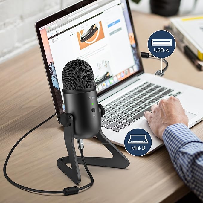 FIFINE USB Podcast Microphone for Recording Streaming, Condenser Computer Gaming Mic for PC Mac, Headphone Output&Volume Control, Mic Gain Control, Mute Button for Vocal, YouTube (K678)