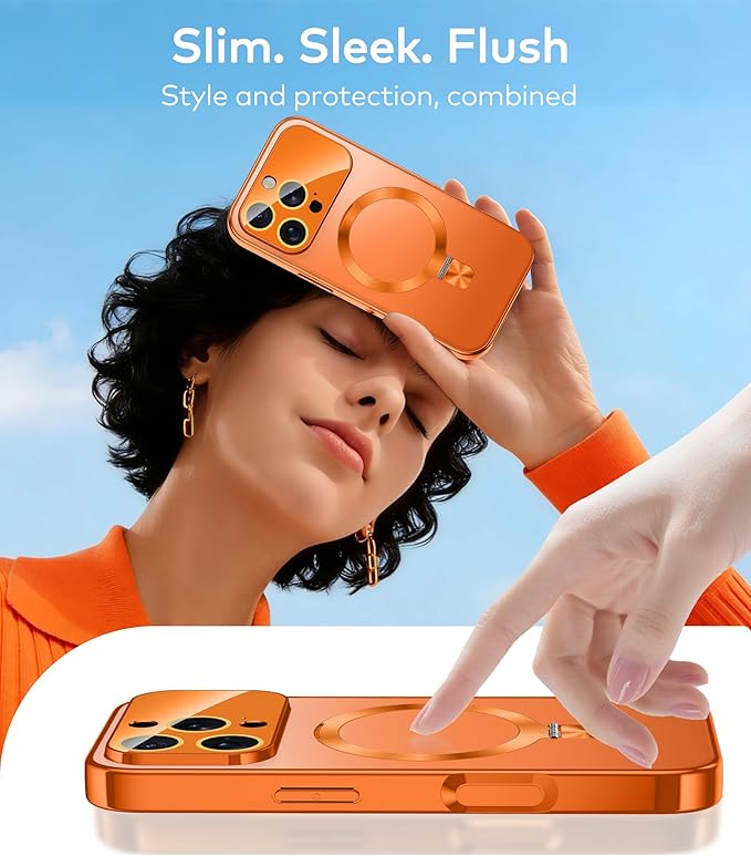 TOBOVON Magnetic for iPhone 16 Pro Max Case with Ring Stand, Fits MagSafe, with Built-in Camera Lens Protector, Slim Electroplated Shockproof Phone Cover, Orange