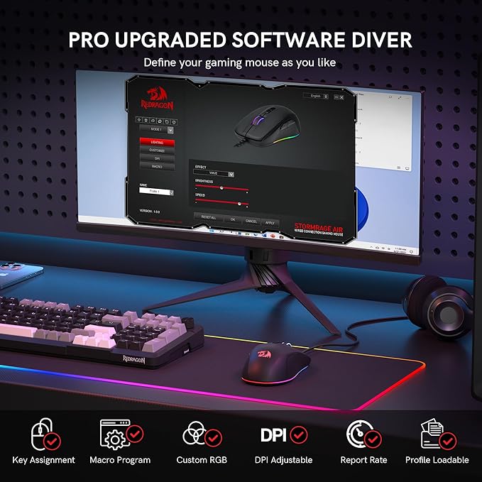 Redragon Wired Gaming Mouse, Black PC Gaming Mice with RGB Backlits, 7 Programmable Macro Buttons, Max 12800 DPI, 1000Hz Polling Rate, Cool Corded Optical Mouse for Computer/PC/Laptop/Gamer, M718-AIR