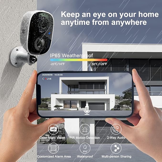 DCT Security Cameras Wireless Outdoor: WiFi Battery Cameras for Home Outside 2K Color Night Vision Motion Detection Surveillance Cameras Two-Way Audio Siren Alarm Spotlight(White)
