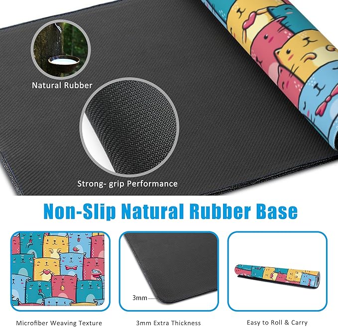 Kawaii Colorful Cats Desk Mat,Large Gaming Mouse Pad,Non-Slip Rubber Base Desk Pad with Stitched Edges for Desk Office Home Decor 35.4X15.7 Inch