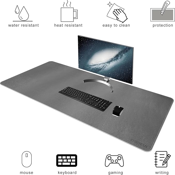 Chihein 47" x 20" PU Leather Desk Mat (Gray/White), Dual Sided Desk Pad, Waterproof Computer Desk Bottle for Gaming, Office, Home