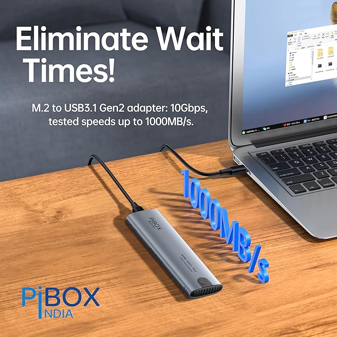 PiBOX India NVMe M2 Enclosure - Dual Protocol USB 3.2 Tool-Free Case, PCI-E Reader, USB-C, M & B+M Keys, 2230/2242/2260/2280 SSDs