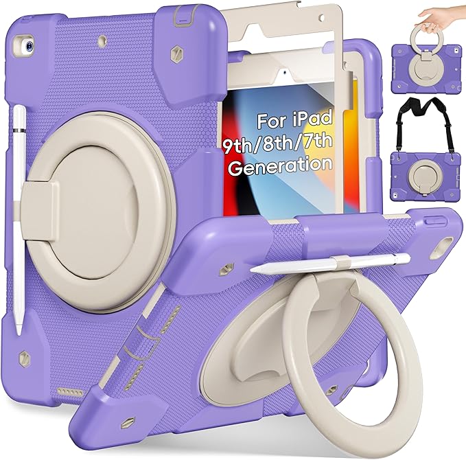 Andnary Case for iPad 9th/8th/7th Generation 10.2 inch, Shockproof Cover with Screen Protector/360° Rotating Handle/Bracket/Pen Holder/Shoulder Strap, Kids Case for iPad 2021/2020/2019 (Purple)