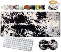 Large Gaming Mouse Pad, 31.5x11.8 in Extended Computer Mouse Mat with Non-Slip PU Base, Ergonomic Memory Foam Keyboard Wrist Rest, for Work & Gaming, Office Desk Pad Black White Cowhide Fur