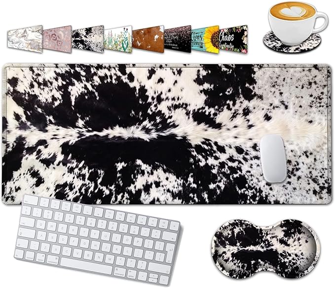 Large Gaming Mouse Pad, 31.5x11.8 in Extended Computer Mouse Mat with Non-Slip PU Base, Ergonomic Memory Foam Keyboard Wrist Rest, for Work & Gaming, Office Desk Pad Black White Cowhide Fur
