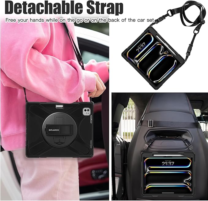 BRAECNstock for Apple iPad Pro 13 inch Case M5 2025 / M4 2024, Shockproof Protective with Pencil Holder, [360 Rotating Hand Strap & Stand], Shoulder Strap, Case for iPad Pro 13, Black