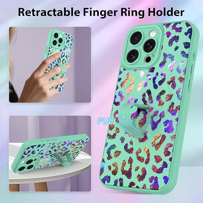 KANGHAR Compatible with iPhone 15 Pro Max Case, Support for MagSafe, Silicone Cute Iridescent Leopard Cheetah Pattern, Wristband Kickstand Shockproof Protective Slim Cover for Women Girls, Green