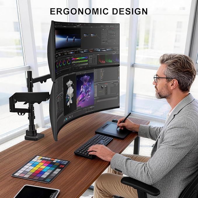 WALI Vertical Dual Monitor Mount for 17-49 inch Ultrawides Curved Screens, Heavy Duty Stacked Dual Monitor Stand for Desk, Adjustable Ultrawide Monitor Arm up to 33lbs, VESA Mount 75/100mm, Black