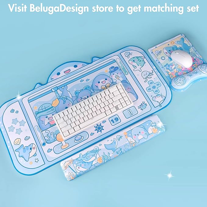 BelugaDesign Shark Wrist Rest | Cute Kawaii Anime Pastel Blue Wrist Pad | Ocean Underwater Nonslip Mat for Gaming Computer Laptop Desk Keyboard Mousepad Accessory | Padded Squishy Matching Arm Rest