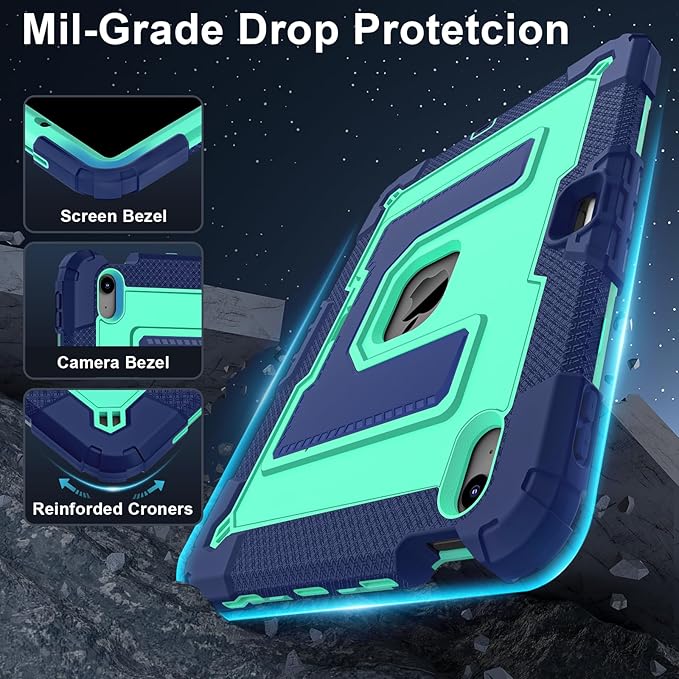 Kids Friendly Case for iPad Air 11 Inch M4 M3 M2 2026/2025/2024 Case with Pencil Holder & Shoulder Strap, Military Grade Shockproof Kickstand Hard Shell Protective Cover,Blue+Mint