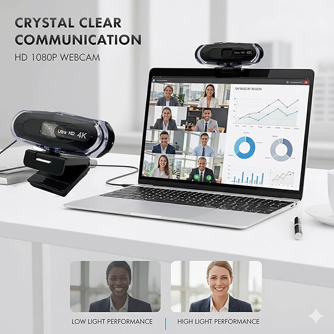 4K Ultra HD Remote Control with Stand Webcam, LED RGB Lighting, 95-Degree Wide Angle, Auto Focus, 1080P@60FPS, Black, USB 2.0, for Video Conferencing, Desktop/Laptop